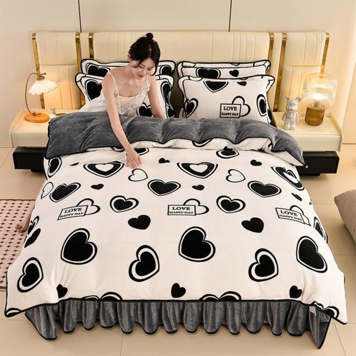 Set lenjerie de pat 4 piese, fleece de lapte ingrosat, fusta de pat cu desene, coral dublu fata, 150x200cm, multicolor