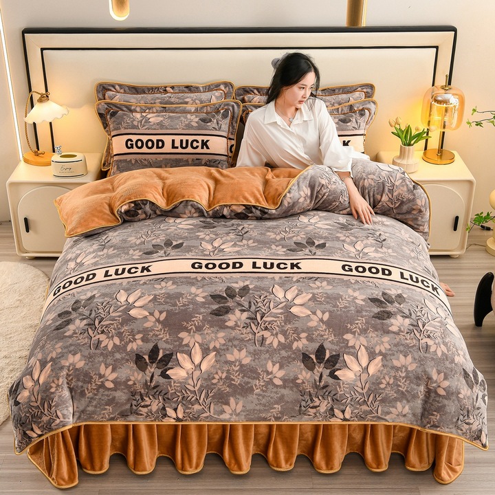 Set lenjerie de pat 4 piese, fleece de lapte, fusta de pat cu desene, fleece coral, 150x200cm, multicolor