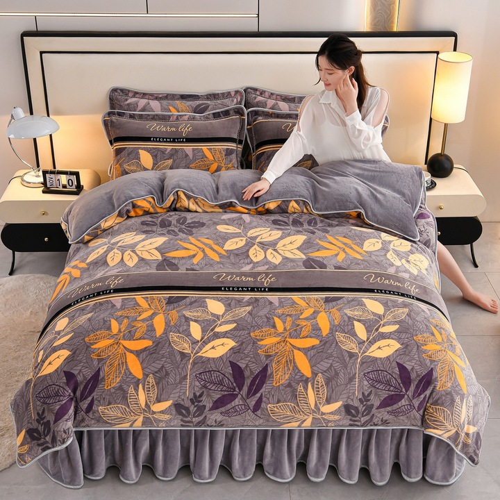 Set lenjerie de pat 4 piese, fleece gros, fusta de pat cu desen, coral bicolor, 150x200cm, multicolor