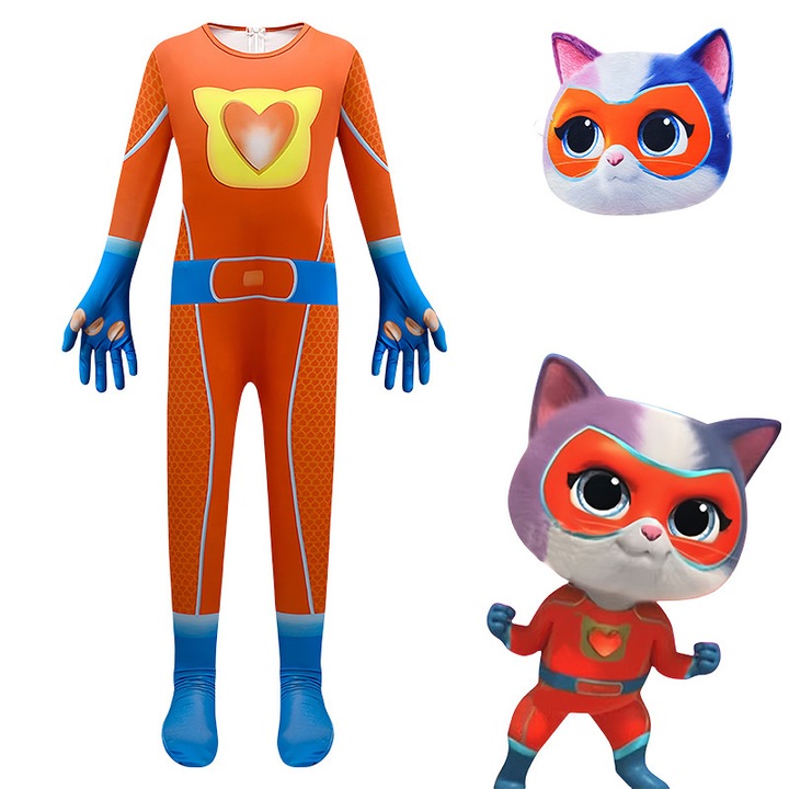 Costum de carnaval Super Kitty Team, bodysuit portocalie, 180cm, set