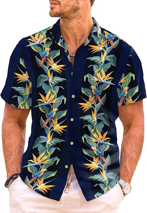 Camasa hawaiana barbati, maneca scurta, cu nasturi, imprimeu papagali si flori, XL