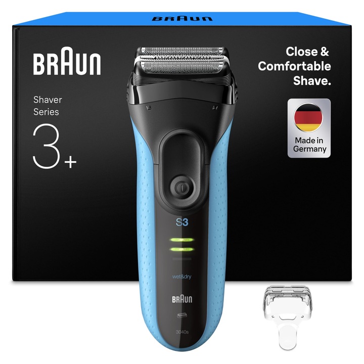 Aparat de ras electric Braun Series 3+, aparat de ras electric, 3 lame flexibile, aparat de ras, aparat de tuns central eficient MicroComb, aparat de tuns de precizie, aparat de ras umed si uscat pentru barbati, 3040si, albastru