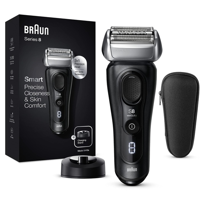 Aparat de ras Braun Series 8 pentru barbati cu cap de ras 3+1, aparat de ras electric si aparat de tuns pentru precizie, tehnologie sonica si cap de 40° cu reglare a conturului, umed si uscat, 8410s, negru