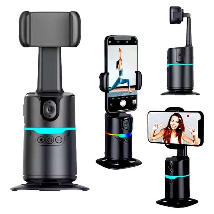 Stabilizator imagine, Gimbal Inteligent cu Urmarire Automata AI 360°, Trepied Inclus, 2 Lumini Infrumusetare, Telecomanda, Control Gesturi, Fara Aplicatie, Compatibil TikTok, Instagram, Live Streaming