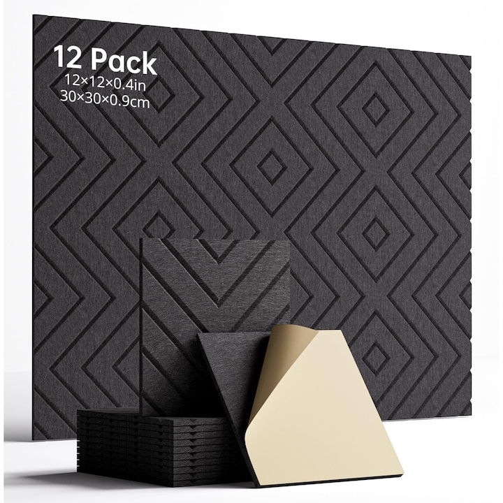 Set 12 Panouri Fonoabsorbante, Bedee®, Autoadezive, 30*30*0.9cm, Reduce Zgomotul de Fond, Fara formaldehida, 100% poliester, Decorarea peretilor interiori, Pentru Studiouri de Inregistrari Home Theaters Sali de Conferinte, Negru