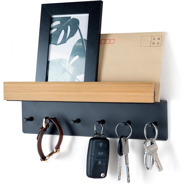Suport pentru chei cu raft, Bedee®, Suport de depozitare montat pe perete cu 6 carlige, tava de depozitare superioara, stil retro din lemn natural, montare usoara, 26.5*9*4cm, pentru intrare, hol, dormitor, sufragerie