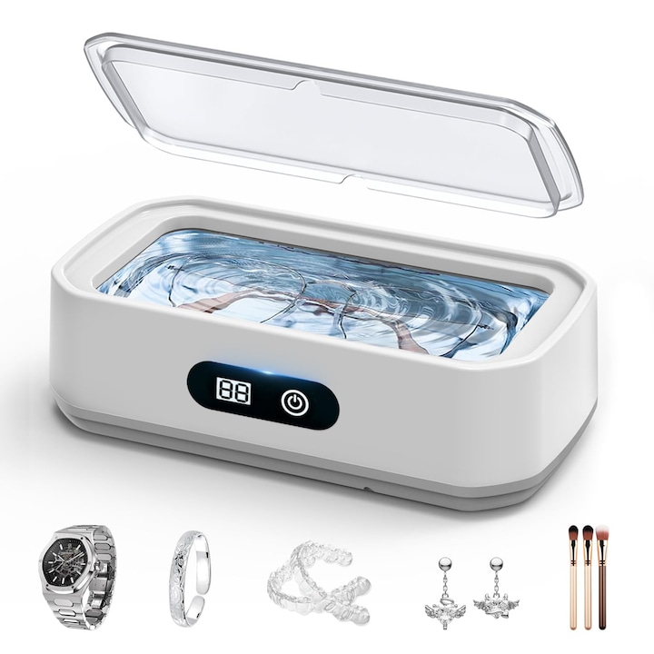 OLOEY® 50kHz Ultrahangos Tisztító Készülék, 650ml Nagy Kapacitás, 5 Időzítő (3-15min), Rozsdamentes Acél 304, Kompakt Hordozható | Szemüveg, Ékszer, Fogprotézis, Óra, Gyűrű, Karkötő Tisztítására