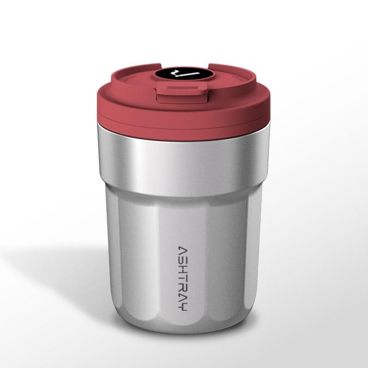 Scrumiera auto OLOEY cu lumina LED, fabricata din otel inoxidabil, rezistenta la mirosuri, previne stropirea cu cenusa, potrivita pentru diverse vehicule, rosu-argintiu