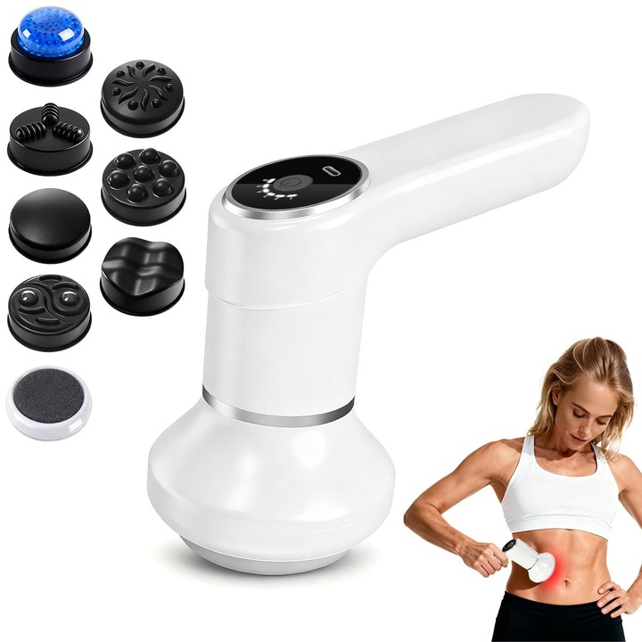 Масажор против целулит с червена светлина OLOEY, 7 сменяеми глави (глава за леден гел), 6 нива на интензивност, безжичен преносим, отопление