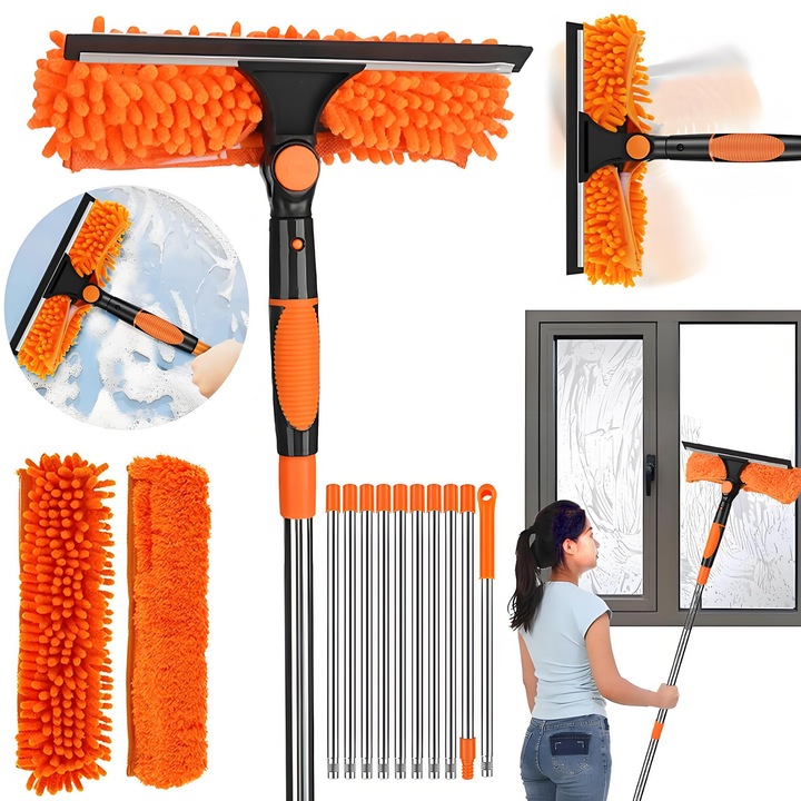 YOUKUKE® Teleszkópos Multifunkcionális Ablaktörlő, 425 cm-es Kihúzható Nyél, Gumi Lehúzó, 2 Mikroszálas Kendő, Ablak, Csempe, Padló Tisztítására, Narancs