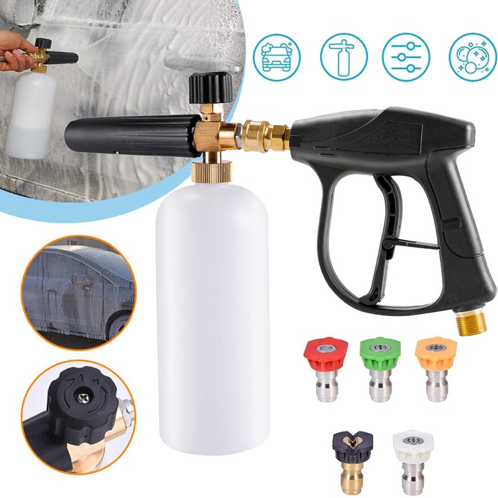 Pistol De Spalat Cu Presiune, Tun De Spuma Cu Conector Rapid De 1/4 Inch, Pistol De Sapun Pentru Aparat De Spalat Cu Presiune Cu 5 Duze, Conector De Intrare M22-14 mm, Recipient De Spuma
