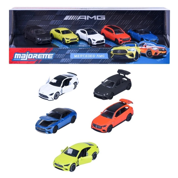 Set Majorette 5 mașinuțe metalice Mercedes-AMG, 7.5cm, culori variate