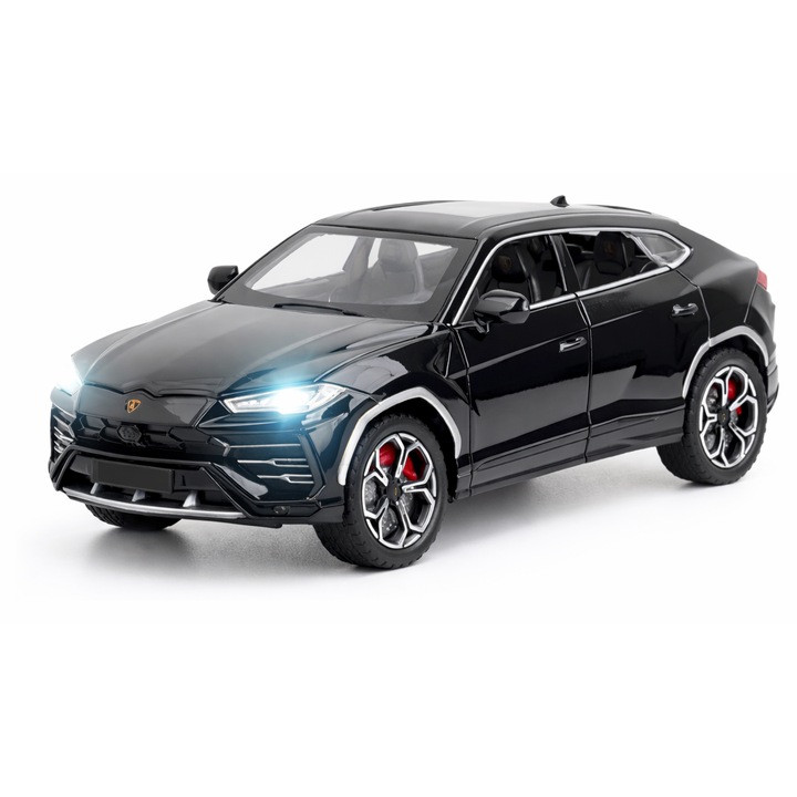 Fém autómodell Lamborghini Urus 1:24 fénnyel és hanggal, vízgőz füsttel, nyitható ajtókkal, motorháztetővel és csomagtartóval, fekete, 20cm