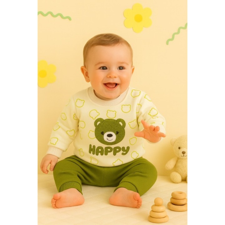 Costumas bebelusi Happy Bear crem-verde, Confort & Design Premium