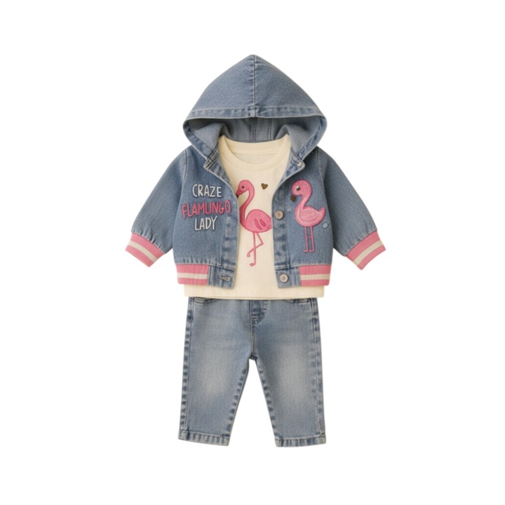 Set Fetita Denim Flamingo – 3 Piese Confort & Stil