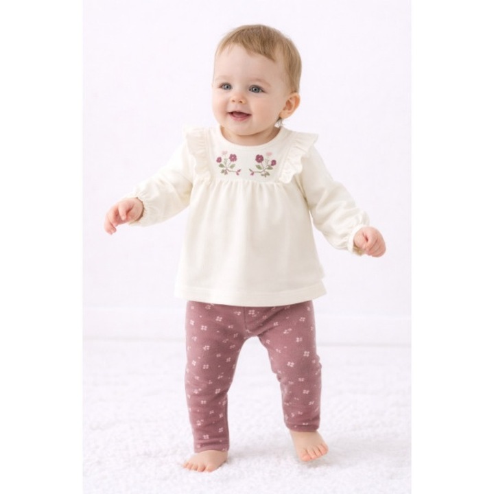 Set fetite 3 piese bluza alba cu broderie florala, colanti inflorati si bentita