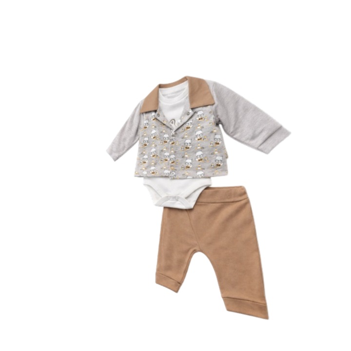 Set bebelus baietel 3 piese body sacou pantaloni bumbac elegant maro