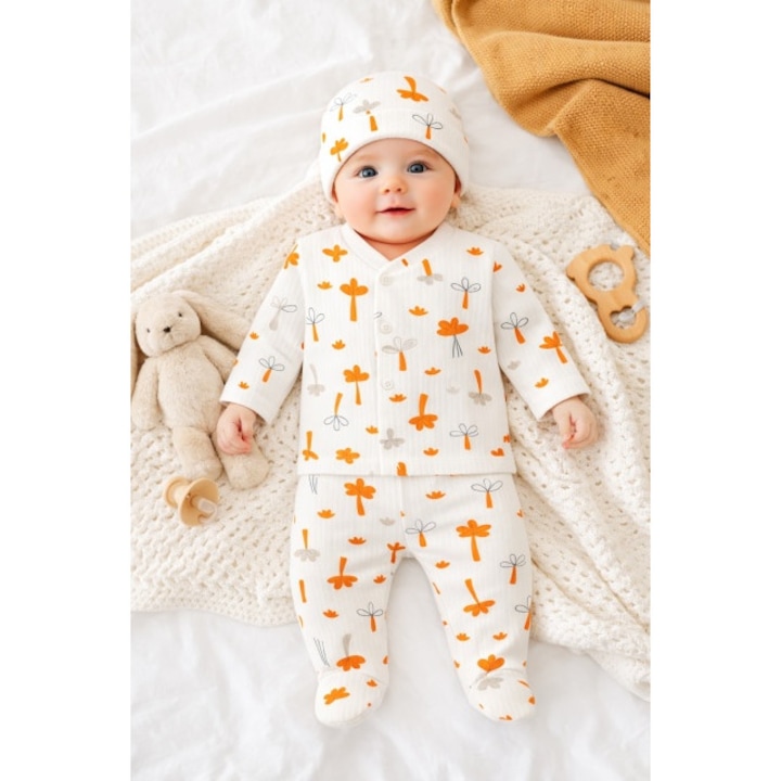 Set nou nascut 3 piese bumbac bluza pantaloni cu botosei si caciula, Bumbac, 0-3 luni, Multicolor
