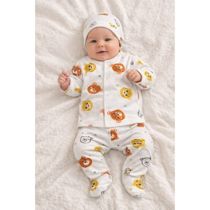 Set bebelus unisex 3 piese bumbac ribat cu animalute bluza pantaloni caciula, Bumbac, 0-3 luni, Multicolor