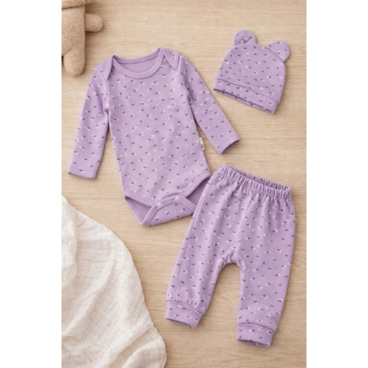 Set bebelus fetita 3 piese body pantaloni caciula bumbac ribat lila