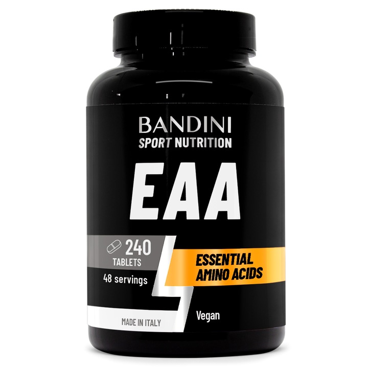 Bandini® Comprimate EAA cu aminoacizi esentiali – cu 9 aminoacizi esentiali intra, inainte si dupa antrenament – ​​Supliment alimentar cu aminoacizi pentru sport – EAA cu concentratie mare – 100% vegan (240 bucati (pachet de 1))