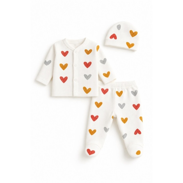 Set bebelusi 3 piese inimioare colorate bumbac bluza pantaloni cu botosei caciula, Bumbac, 0-3 luni, Multicolor