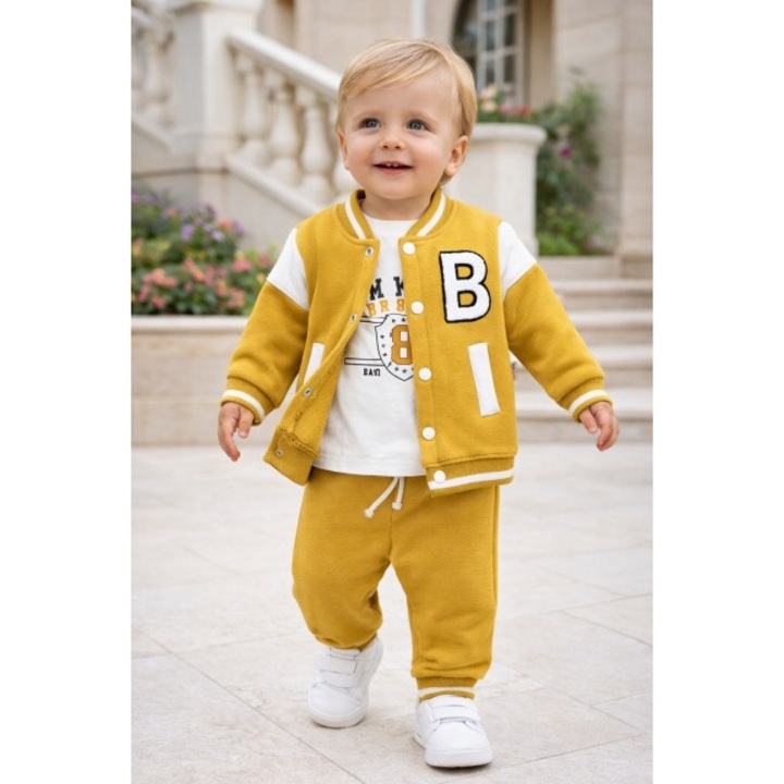 Trening baieti 3 piese galben jacheta bluza pantaloni bumbac casual sport