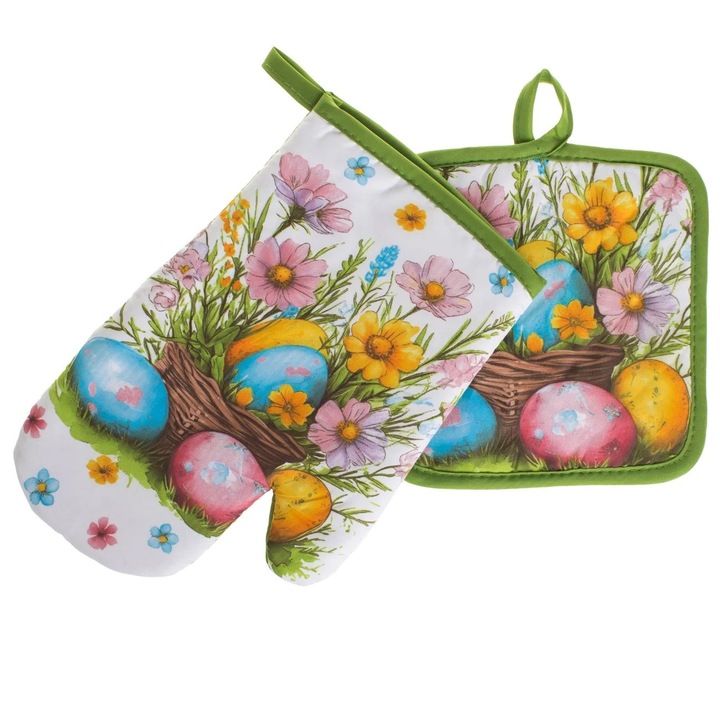 Konyhai kesztyű és szalvéta szett Húsvéti mintás tojáskosárral asztali kiegészítők