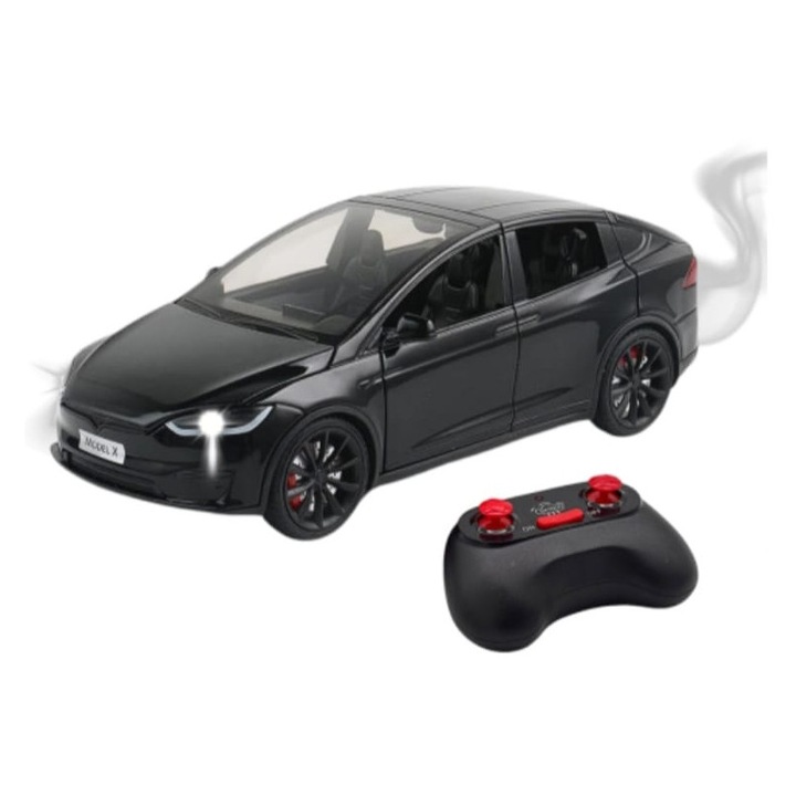 Masinuta metalica cu telecomanda, Tesla X, 1:22, usi mobile, fum, capota mobila, acumulator, negru, 20 cm