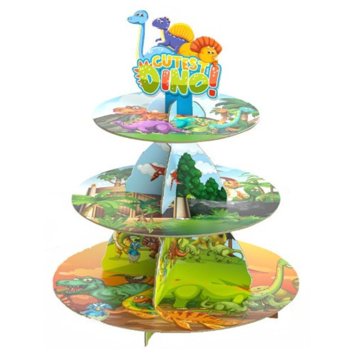 Suport Etajat pentru Prajituri, cu Tematica Dinozauri, 3 Nivele, 38x34x1 cm, Multicolor