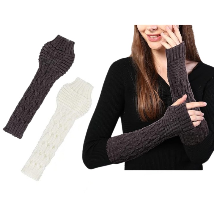 Ujjatlan kesztyű, 2 pár, kötött, barna és elefántcsont, univerzális méret, felnőtt/gyermek