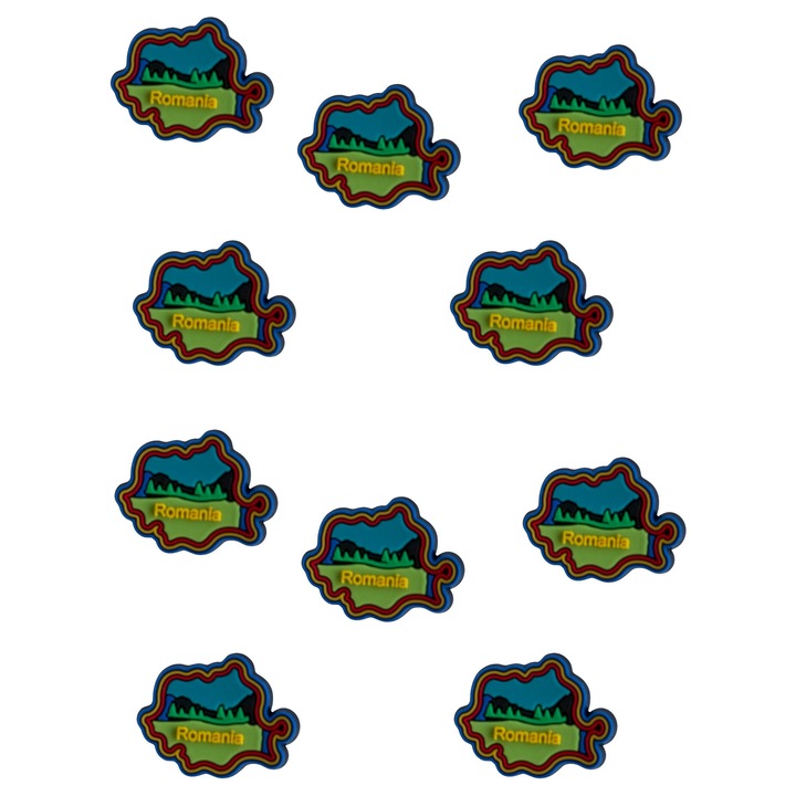 Set SUVENIRURI 10 brose din PVC Tricolor Harta Romaniei, 2.5 cm, accesorii patriotice