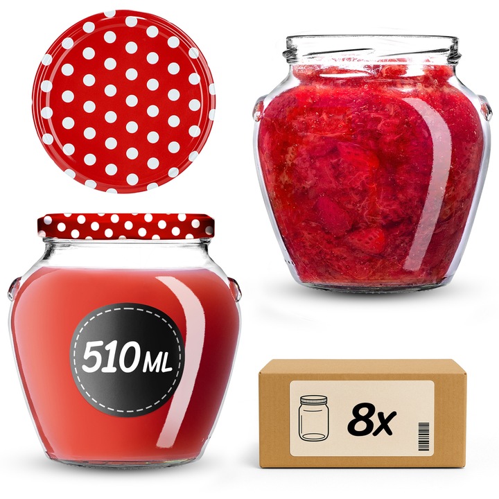 Sloi de sticla KADAX 510 ml, set de 8 bucati, transparent, cu capac tip twist-off