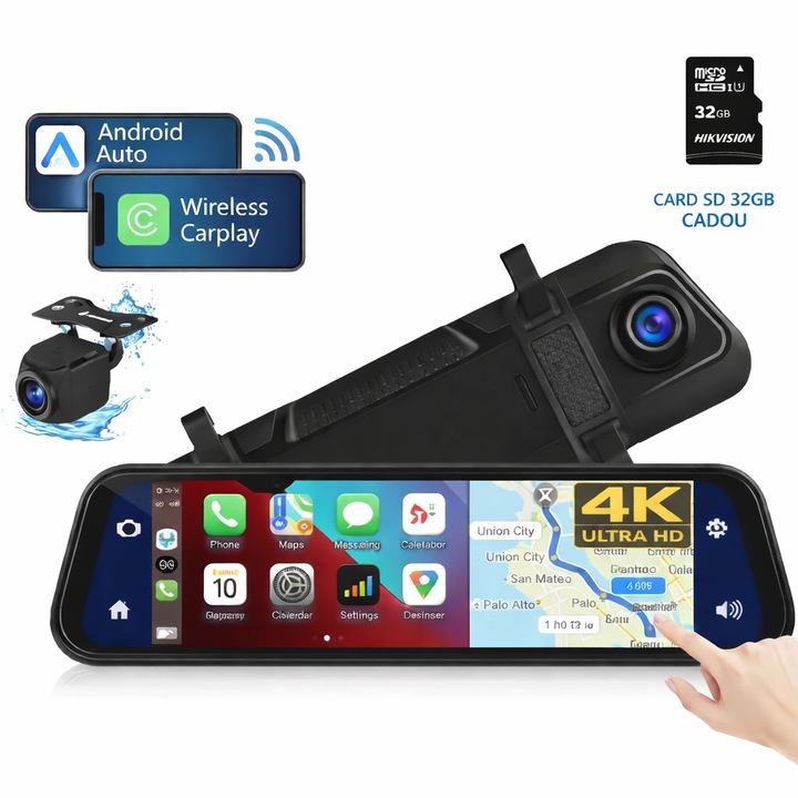 Oglinda Retrovisoare Smart cu Camera Auto DVR 4K, CarPlay & Android Auto Wireless, Ecran IPS 9.66”, WiFi 5GHz, Camera Fata-Spate, Vedere Nocturna, Asistenta Parcare, G-Sensor + Card SD cadou