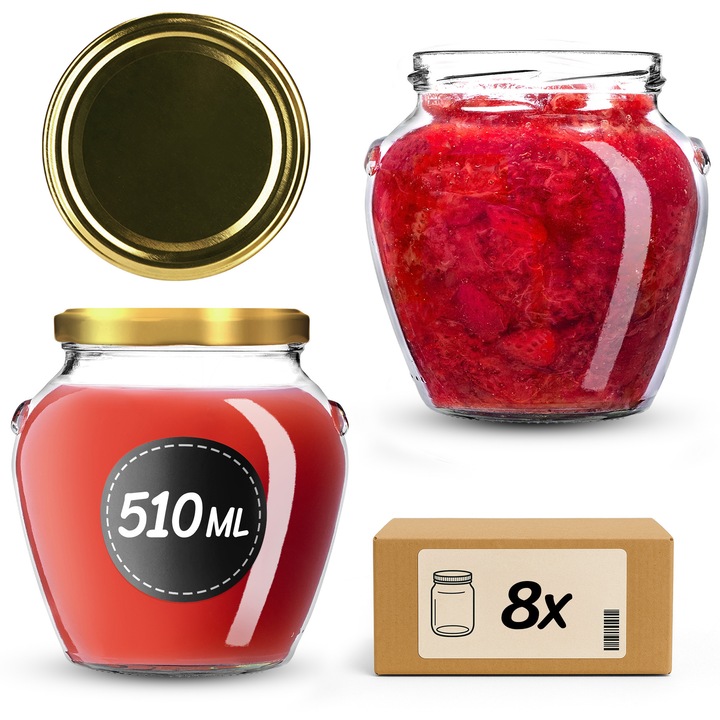 Sloite din sticla KADAX, 510 ml, set de 8 bucati, transparent, cu capac tip twist-off