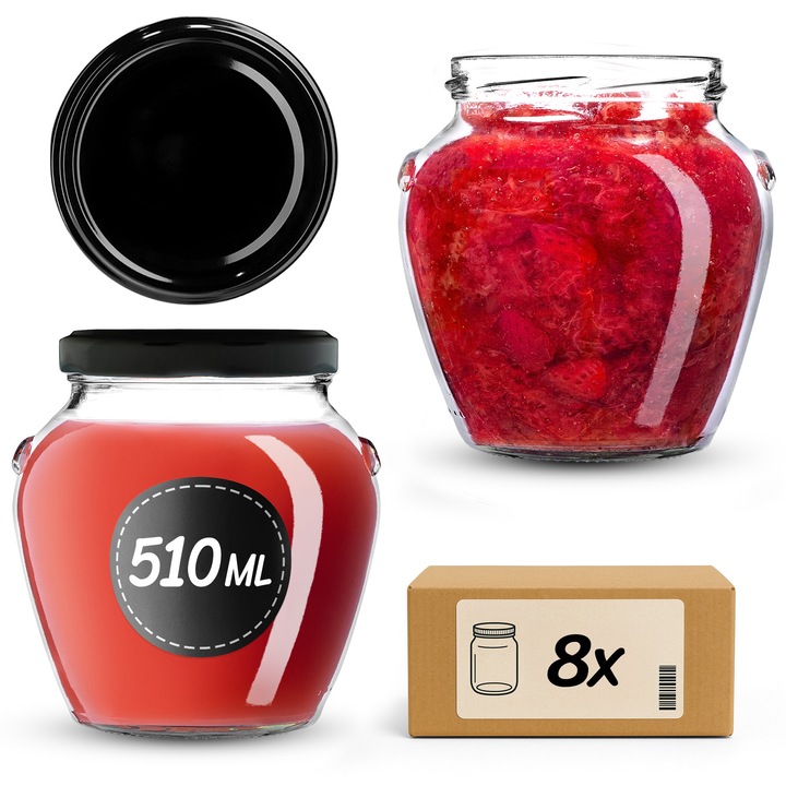 Set 8 borcane KADAX 510ml, sticla transparenta, capac twist-off, 9x10.5cm