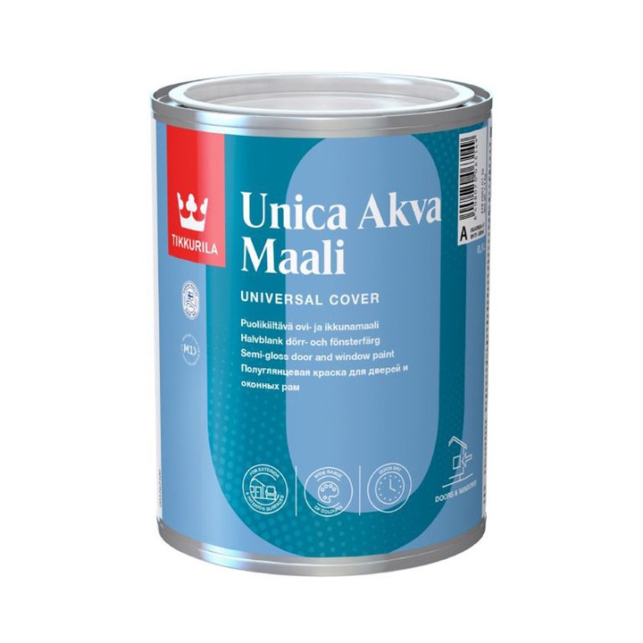 Vopsea decorativă Tikkurila Unica Akva alb semi-mat, 0.9L, pentru lemn și metal