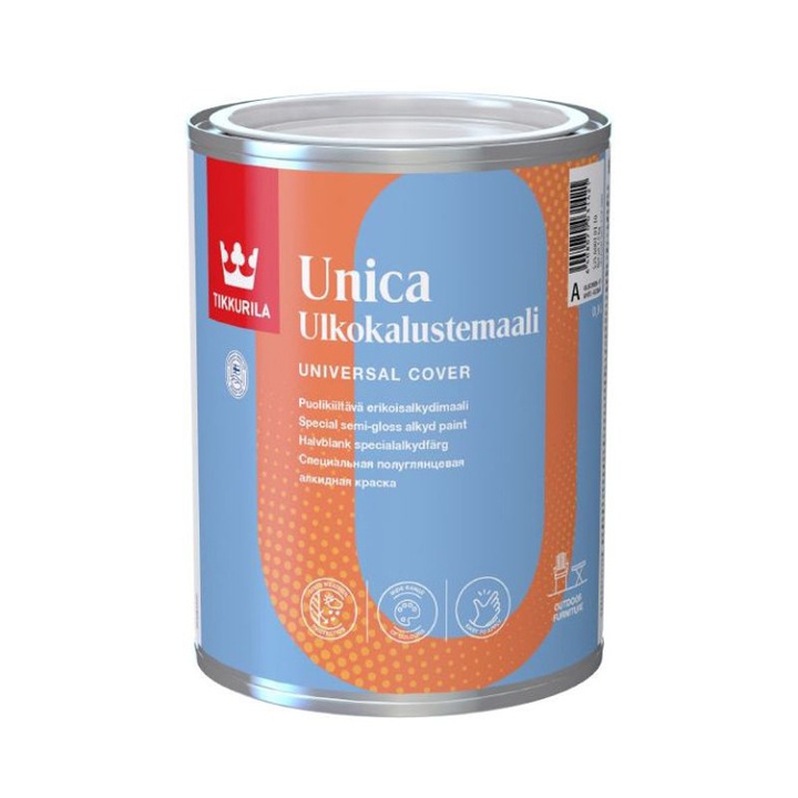 Vopsea alchidică Tikkurila Unica Enamel alb semi-lucios, 0.9 L, pentru interior și exterior, lemn și metal
