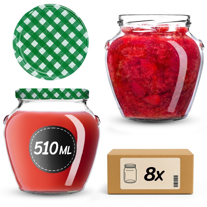 Set 8 borcane din sticla KADAX 510 ml, capacitate 82 mm, transparent, pentru conserve si produse uscate