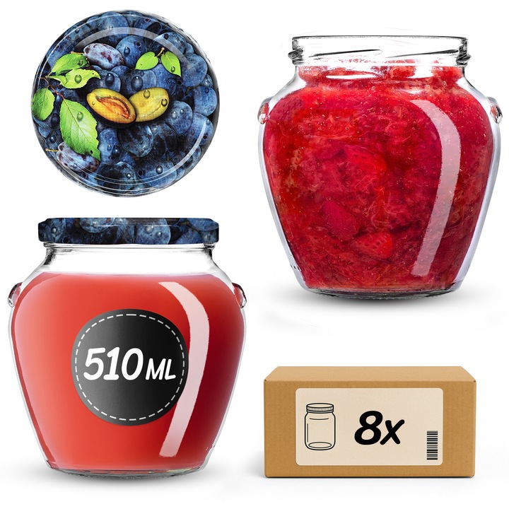 Sloi din sticla KADAX, 510 ml, set de 8 bucati, transparent, capac tip twist-off