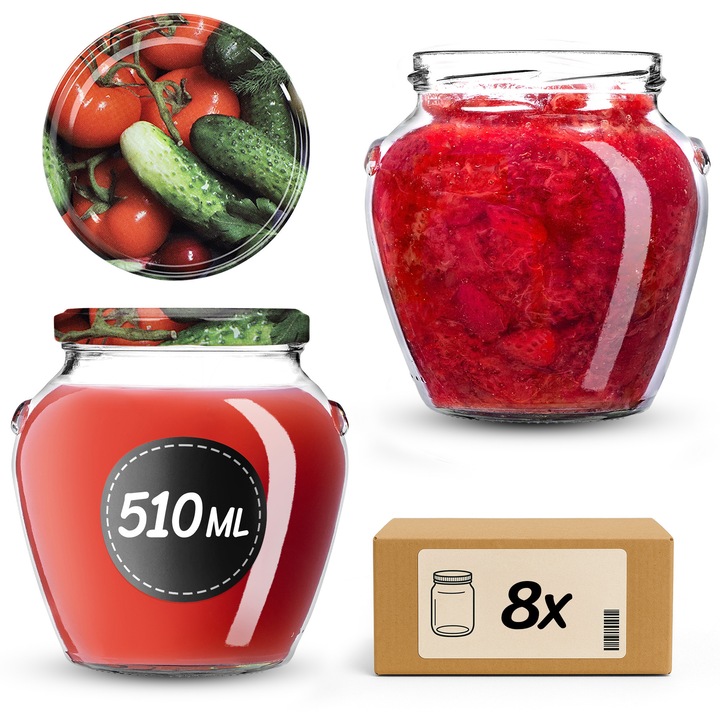 Sloi din sticla KADAX, 510 ml, set de 8 bucati, transparent, cu capac tip twist-off