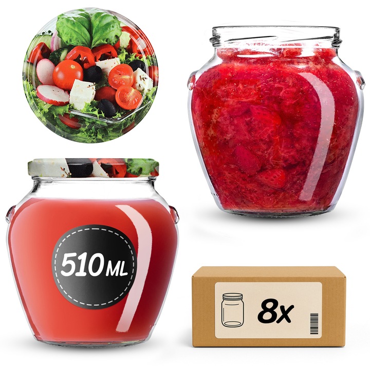 Set de 8 borcane KADAX 510 ml, sticla transparenta, capac twist-off, 9x10,5cm