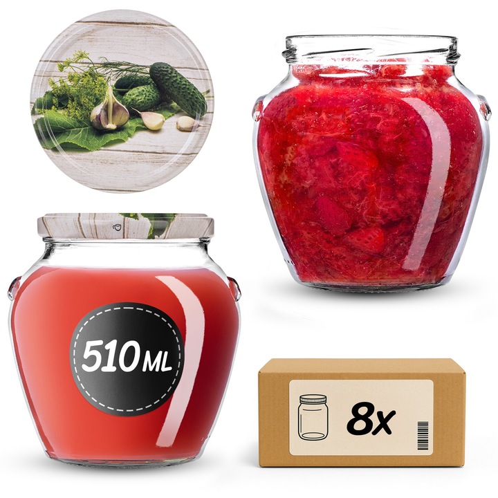 Sloi de sticla KADAX 510 ml, set de 8 bucati, transparent, cu capac tip twist-off