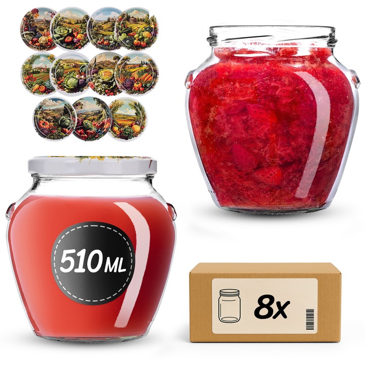 Set 8 borcane din sticla KADAX 510 ml, capacitate 82 mm, transparent, pentru conserve si produse uscate