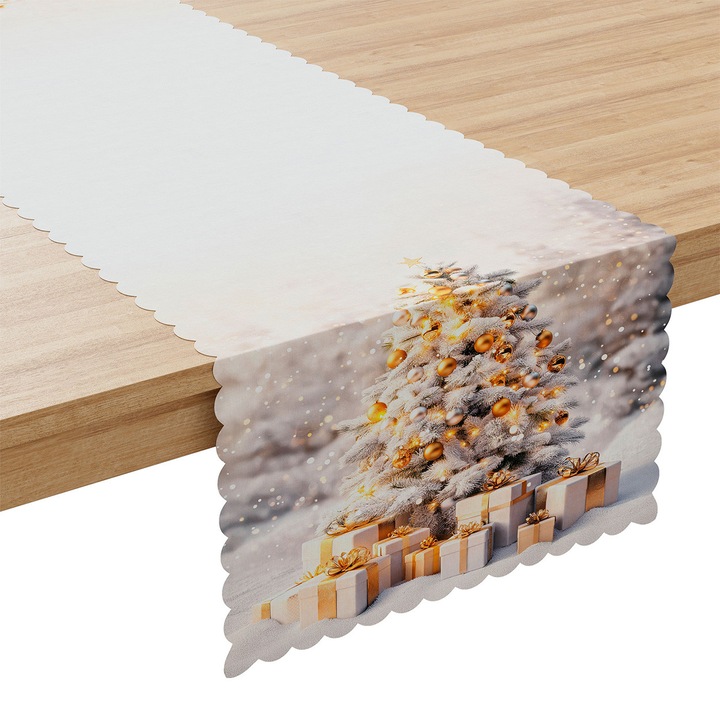 Traversa Masa De Craciun, Brad Auriu, 38x160 cm, Multicolor, Impermeabila, Design Elegant Si Modern, Ideala Pentru Living Sau Bucatarie, Creeaza O Atmosfera Magica De Sarbatoare, Material Rezistent Si Usor De Intretinut