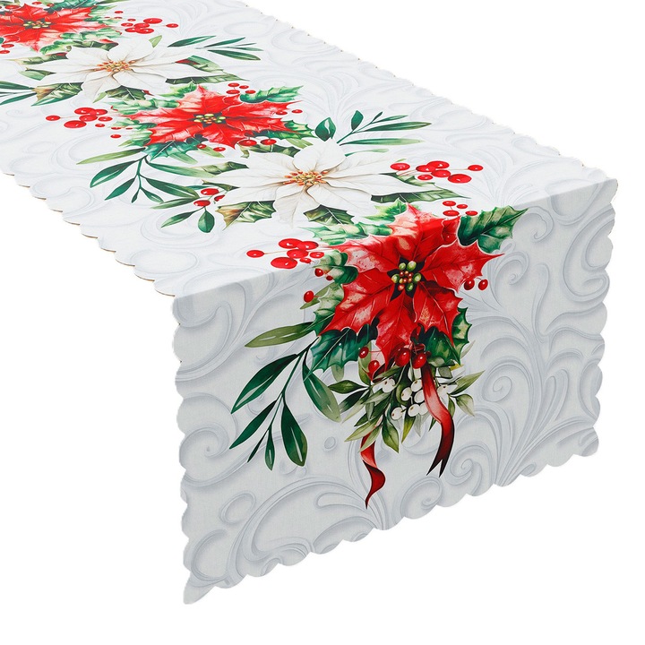 Karácsonyi asztali futó, Mikulásvirág, 38x140 cm, Fehér, Vízálló, Elegáns és modern design, Ideális nappaliba vagy konyhába, Varázslatos ünnepi hangulatot teremt, Tartós és könnyen kezelhető anyag