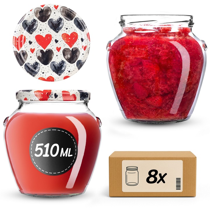 Set de 8 borcane KADAX 510 ml, sticla transparenta, capac twist-off, 9x10,5cm