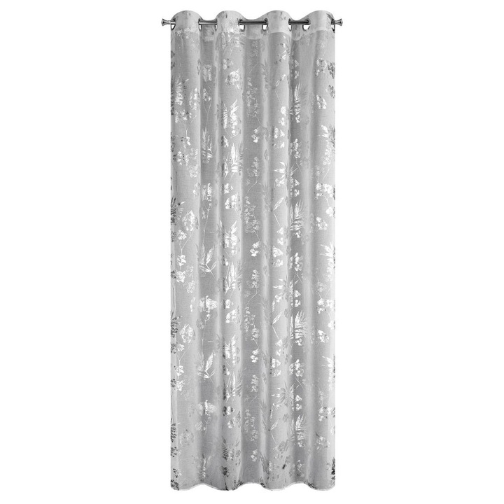 Перде, Eurofirany, Delia, 140x250 см, Бяло със Сребърни Листа, От Прозрачна Етамина с Халки, Елегантен и Модерен Дизайн, Ефирна Текстура, Идеално за Хол или Спалня, Ефект на Деликатен Блясък