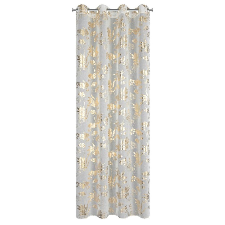 Перде, Eurofirany, Delia, 140x250 см, Бяло със Златни Листа, От Етамин с Халки, Елегантен и Модерен Дизайн, Ефирна Текстура, Гламурен Стил, Идеално за Всекидневна или Спалня, Ефект на Яркост