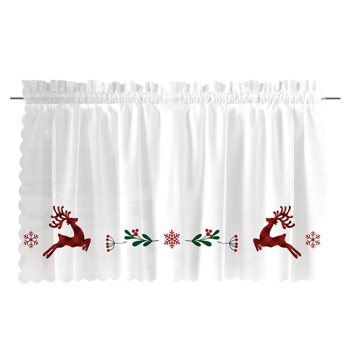 Perdea Bucatarie, Markizeta, Carouri Cu Ren, 100x60 cm, Alb, Din Microfibra Cu Motiv De Craciun, Design Festiv Cu Cerbi Si Carouri, Textura Usoara Si Durabila, Ideala Pentru Bucatarie Sau Sufragerie, Atmosfera Magica De Sarbatori